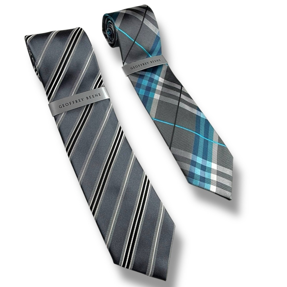 Geoffrey Beene 100% Silk‎ Neck Tie Lot Of 2 Striped Plaid Gray Black Blue NEW